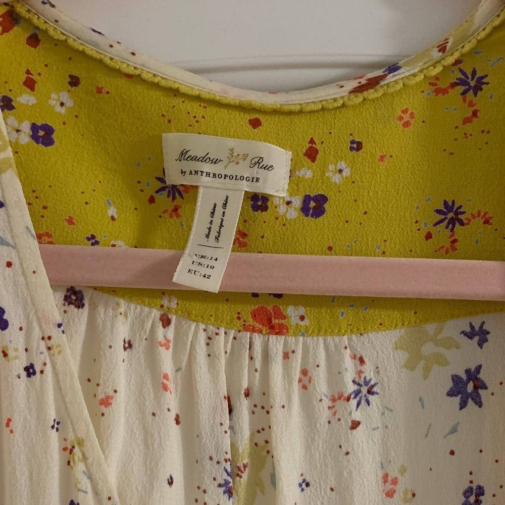 Anthropologie Cream Floral Wrap Dress with Yellow Lining